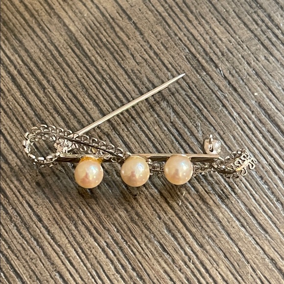 Vintage Real Pearl Pin Filigree Bar Pin Silver-tone - Picture 9 of 16